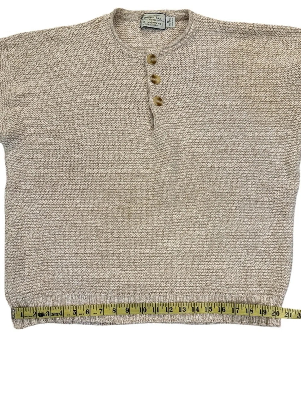 Vintage Y2K American Eagle Henley Sweater Tan Cotton USA XL Textured Rolled Neck - Picture 9 of 13